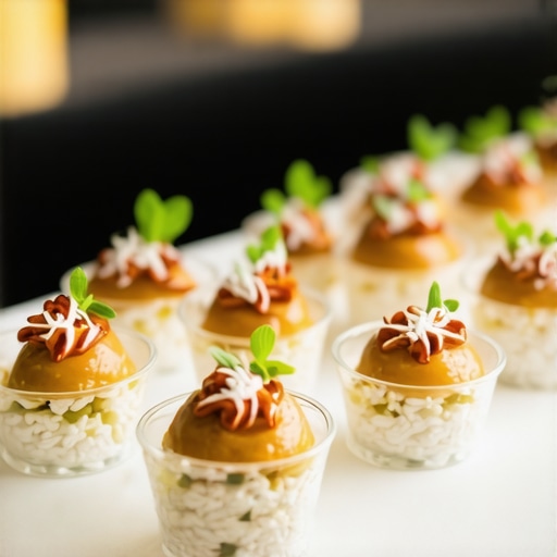 High-end wedding catering table with gourmet dishes and floral arrangements