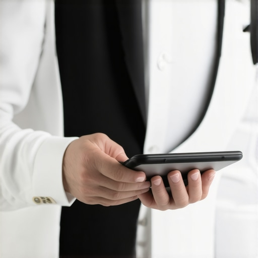 A professional wedding service team using advanced devices during a high-end wedding event