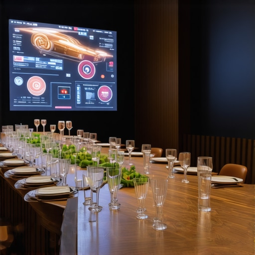 Futuristic private dining setup featuring AR interfaces and innovative culinary presentation
