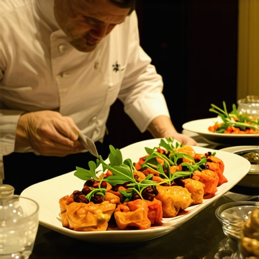 Elegant wedding dining scene with private chef and gourmet dishes
