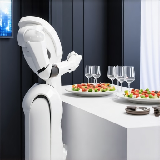 Futuristic Wedding Catering Technologies Robotic servers and AI-driven catering at a modern wedding event