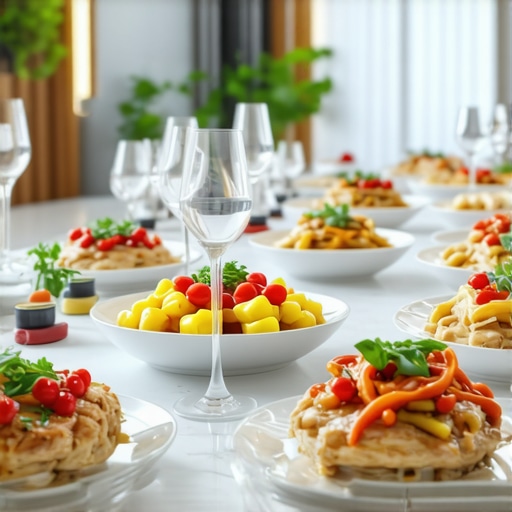 Futuristic Wedding Catering with Technology Robotic servers and AR menus at a modern wedding reception.