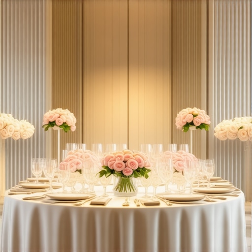 Advanced AI-driven wedding service setup with robotic servers in a luxurious venue