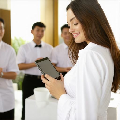 High-Tech Wedding Catering Setup Futuristic wedding catering setup with AI interfaces and staff using tablets in a luxurious venue.