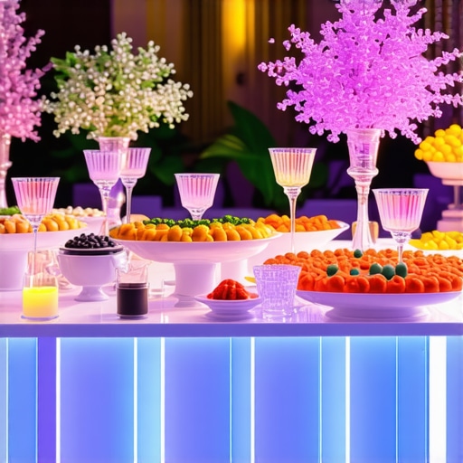 Futuristic wedding catering setup featuring IoT devices and AI interfaces, elegant style, detailed and vibrant.