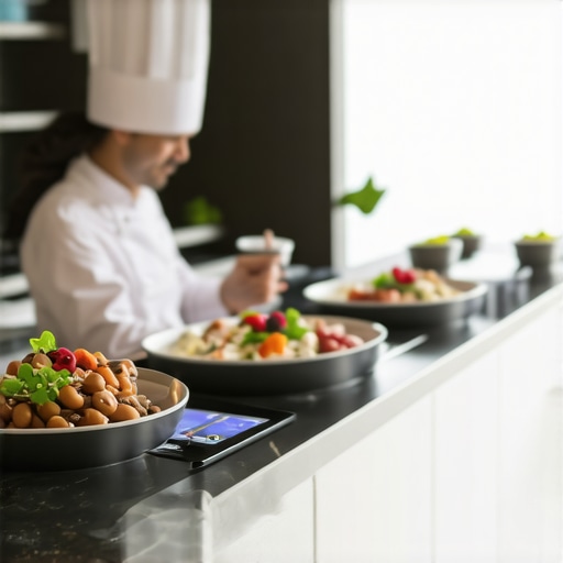 Futuristic wedding kitchen with digital tools and sustainable catering setup