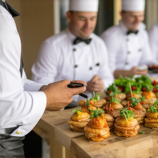 Luxury wedding catering team with advanced technology Professional wedding service team utilizing modern technology at a luxury event.