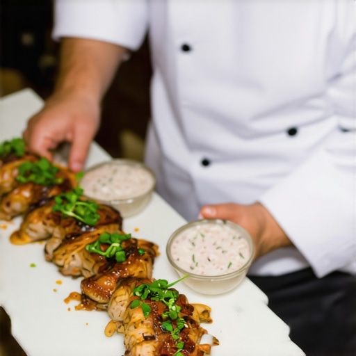 Luxury wedding culinary station Gourmet wedding food station with private chef and guests enjoying