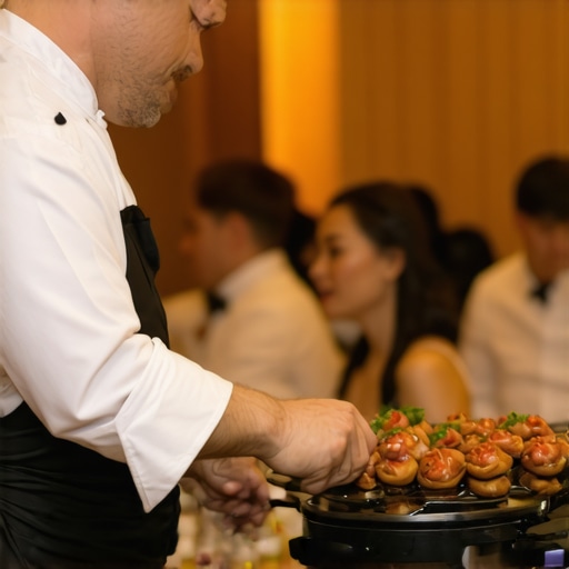 Chef operating modern culinary tech tools for wedding dishes.