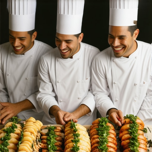 Wedding catering team with private chef and servers in formal attire serving guests at a luxury wedding