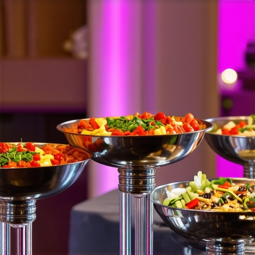 Luxurious wedding catering setup with modern culinary presentation and technological tools