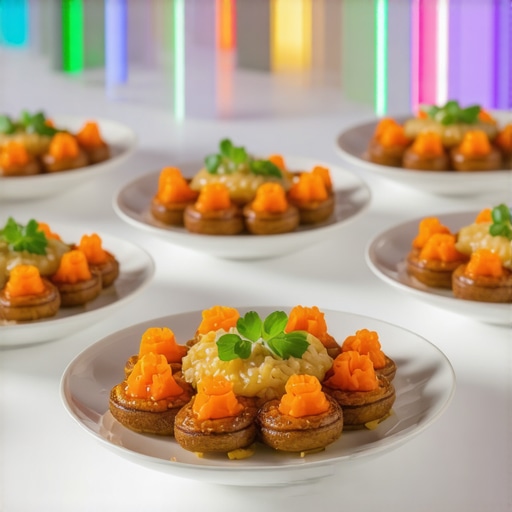 Futuristic wedding catering with AI, IoT sensors, drones, and robotic assistants in an elegant ceremony setting.