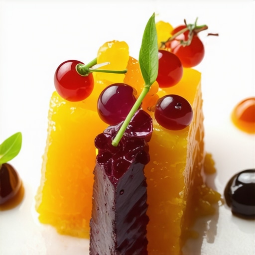 A colorful molecular gastronomy dessert with elaborate presentation