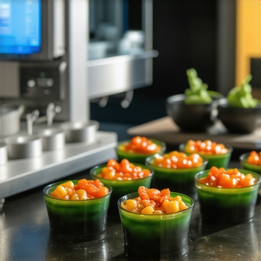 Chef preparing molecular gastronomy dishes with sustainable ingredients in a modern kitchen