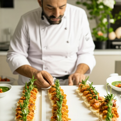 Private chef preparing gourmet wedding dishes in an upscale setting.