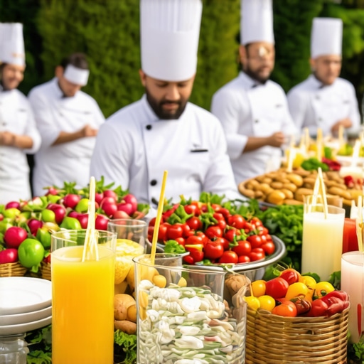 Luxury wedding catering scene with private chef and professional servers Wedding catering scene with private chef preparing food and servers attending guests in garden