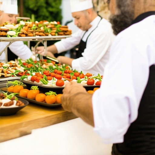 Modern Wedding Catering with Technology Private chefs and servers coordinating with advanced technology at a wedding event.