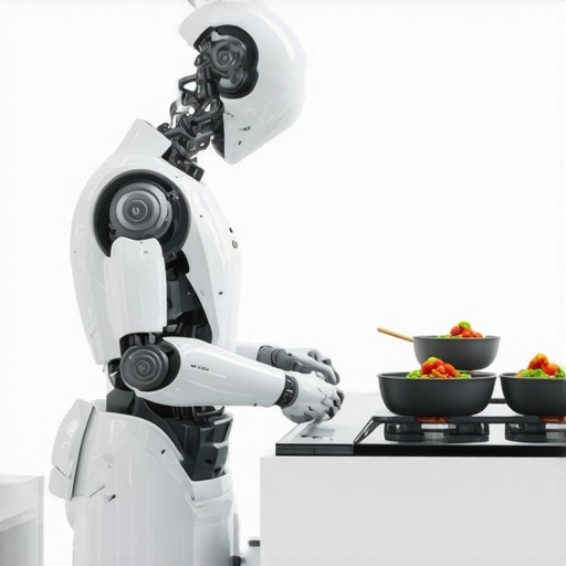 Advanced robotic chef preparing gourmet wedding dishes in a modern kitchen.