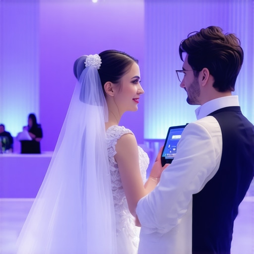 Wedding planner viewing virtual venue setup on tablet