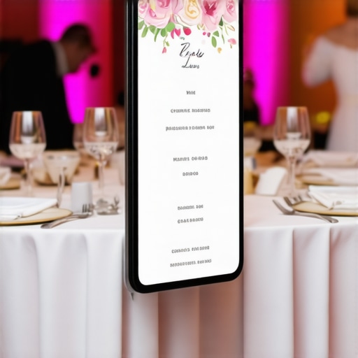 Guests interacting with augmented reality wedding menu at a luxurious reception.