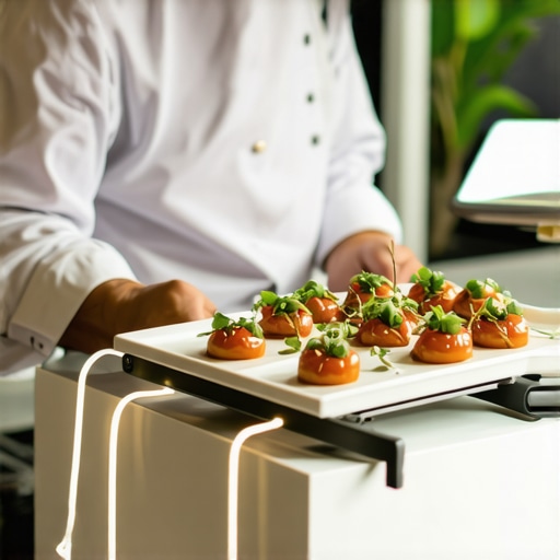 Chef performing molecular gastronomy with digital logistics tracking in a wedding event.