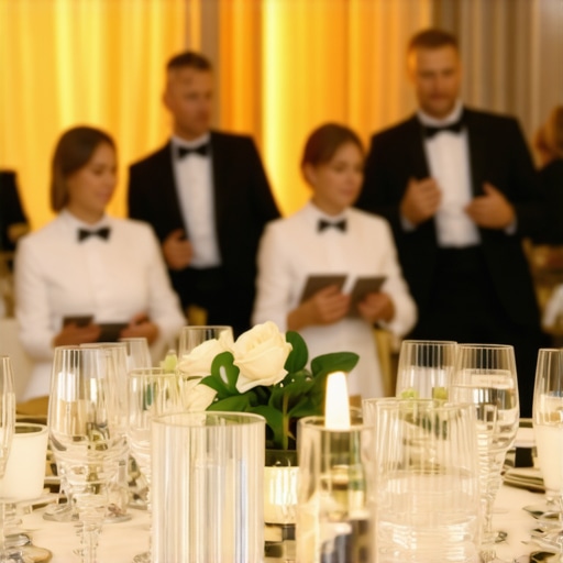 Futuristic Wedding Service Setting Servers using tablets and wireless devices at a luxury wedding reception
