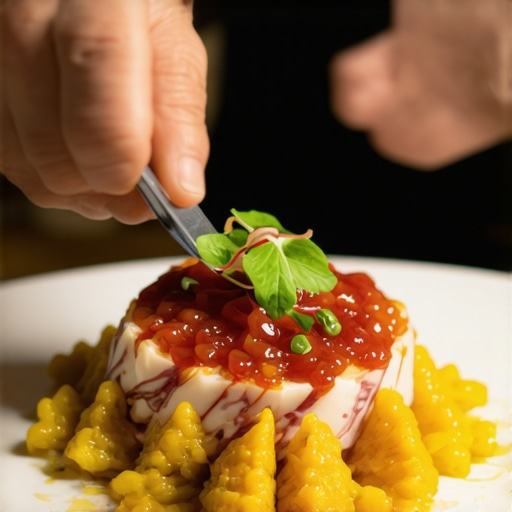 Gourmet Wedding Dish Presentation Chef meticulously plating an elaborate wedding meal with vibrant colors and artistic design.