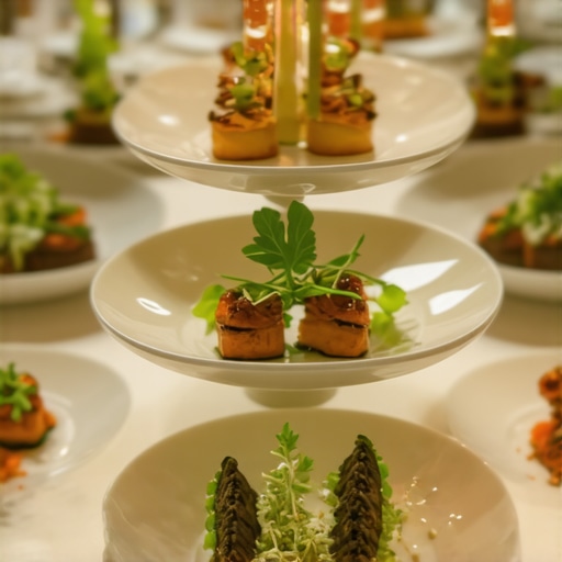 Luxurious wedding buffet with innovative plating and ambient floral decor