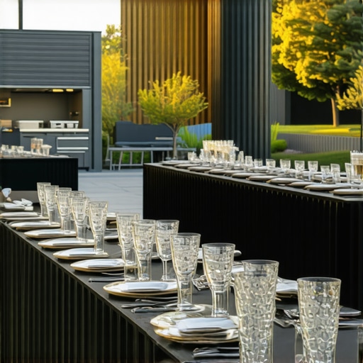 High-tech modular kitchen and delivery containers at outdoor wedding