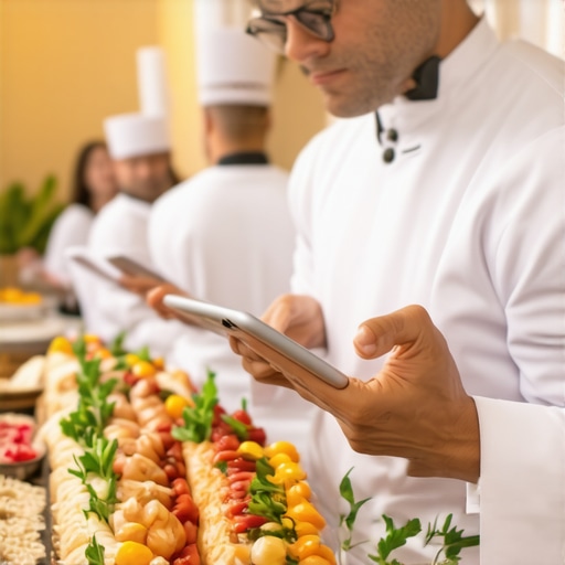 Innovative Wedding Catering Technology Servers using tablets with AI integration at a wedding reception scene.