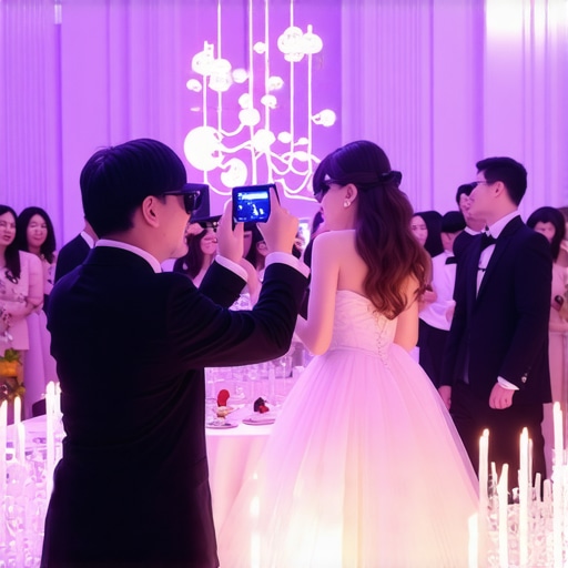 Guests experiencing augmented reality food presentation at wedding reception