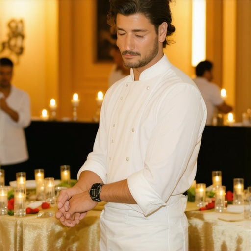 Private chef presenting gourmet dishes to elegantly dressed guests at a wedding reception.