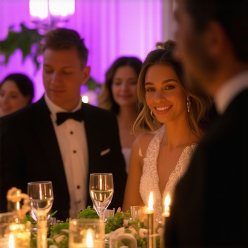 Luxurious wedding reception with seamless service Wedding reception scene showing coordinated serving staff and guest interactions