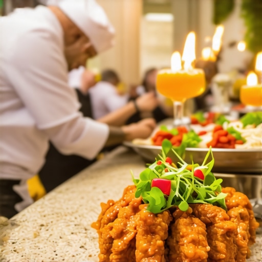 Elegant wedding banquet with professional chefs and guests enjoying gourmet dishes.