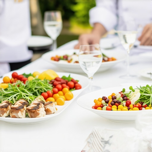 Luxury Wedding Catering Scene Private chefs serving gourmet dishes at an elegant outdoor wedding reception