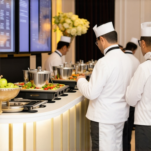 Elegant wedding buffet with digital menu displays and attentive staff