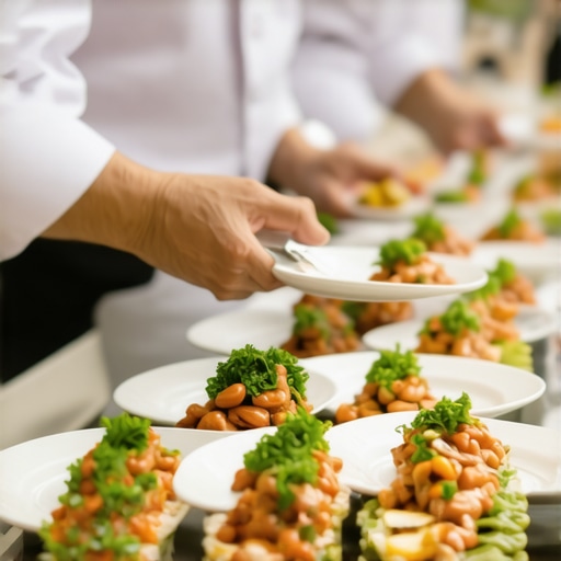 Luxury Wedding Service Synchronization Elegant wedding reception with coordinated servers presenting gourmet food smoothly.
