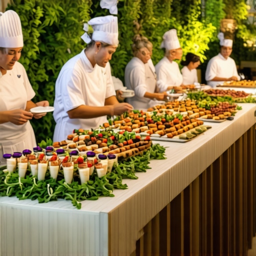 Guests enjoying a wedding meal at an open chef station with fresh ingredients and greenery decor.