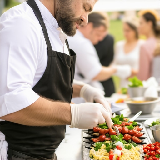 Chef preparing diverse traditional dishes at a scenic outdoor wedding.