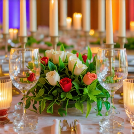 A wedding table with aromatic herbs, colorful dishes, and atmospheric lighting creating an immersive dining experience