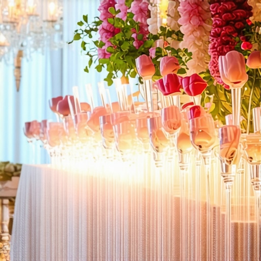 A luxurious wedding table with aromatic candles, textured place settings, and ambient lighting creating an immersive atmosphere