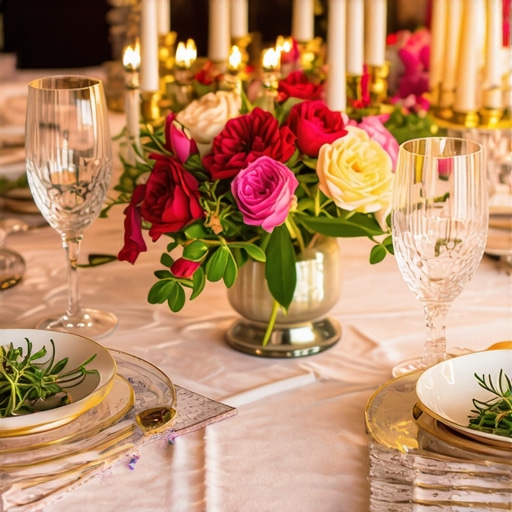 Elegant wedding table showcasing multisensory culinary presentation with aromatic herbs and beautiful plating.
