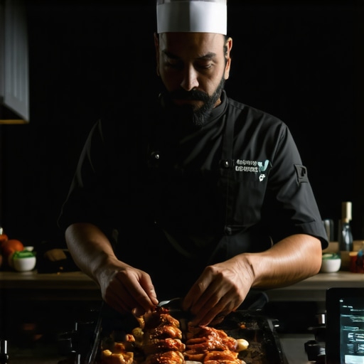 Smart Kitchen Technology in Modern Wedding Catering Chef managing culinary logistics with IoT sensors and digital devices in an upscale wedding kitchen.