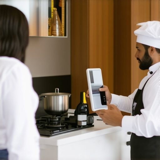 Smart Kitchen for Wedding Catering Futuristic wedding kitchen with smart appliances and a chef utilizing digital tools.