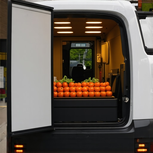 Futuristic delivery vehicle equipped with digital tracking and temperature control for wedding catering.