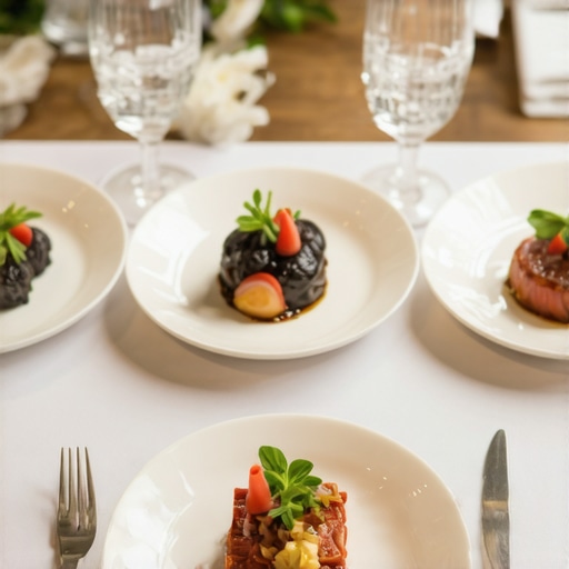 Elegant wedding catered dishes with artistic presentation, floral decor, and ambient lighting