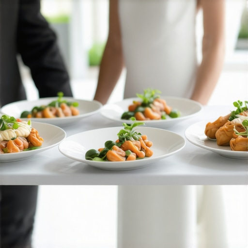 Wedding banquet featuring gourmet dishes served by professional hotel-style servers