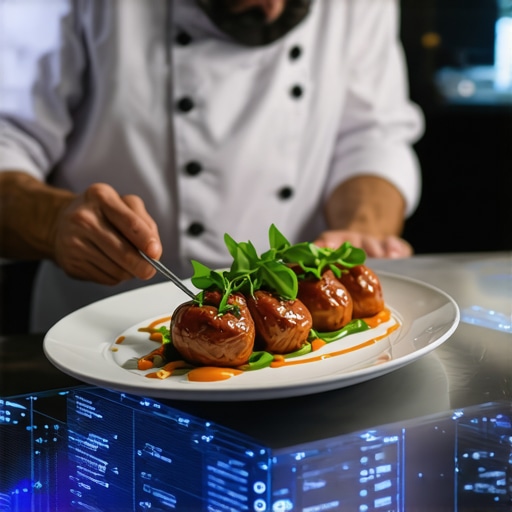 A chef using digital tools to prepare high-end wedding dishes