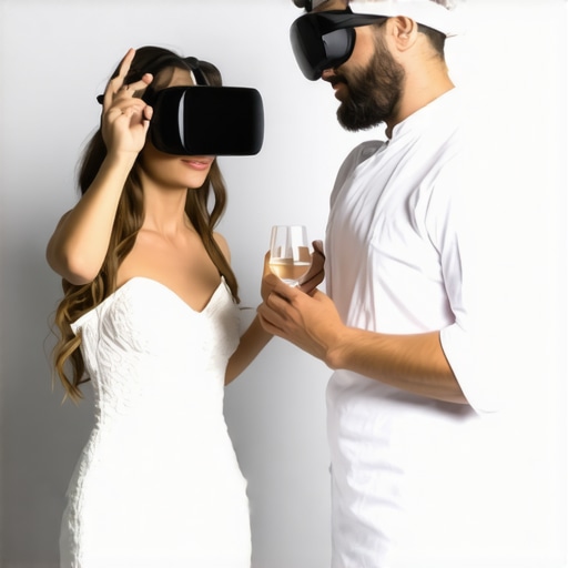 Virtual Reality Wedding Tasting Experience Couple experiencing a VR tasting session with a chef guiding them through virtual dishes.