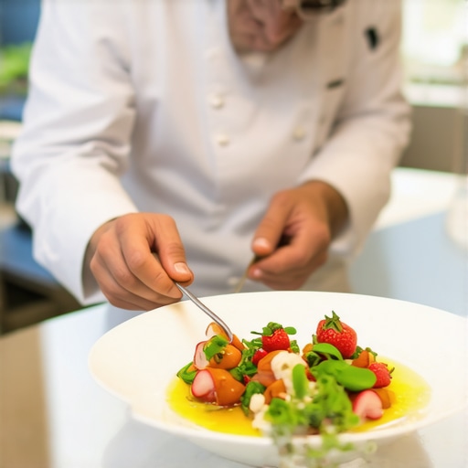 Private chef preparing gourmet wedding dishes with artistic presentation.